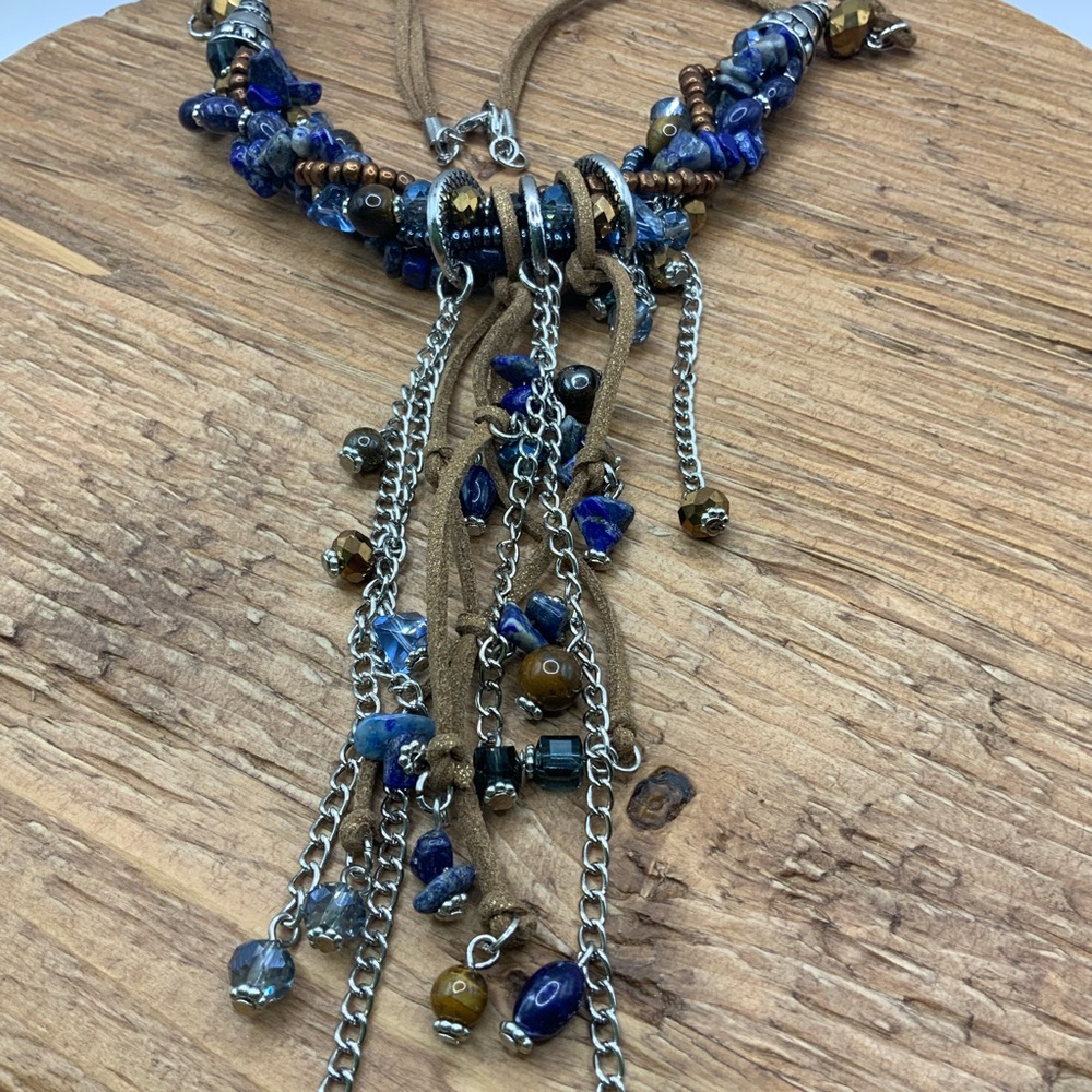 Lapis Blue Brown Beaded Fringe Boho Southwestern Tribal Necklace
